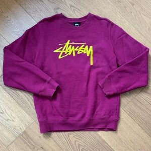 Stüssy Crewneck Sweatshirt - Ladies Small - Pomegranate & Neon Yellow - GUC